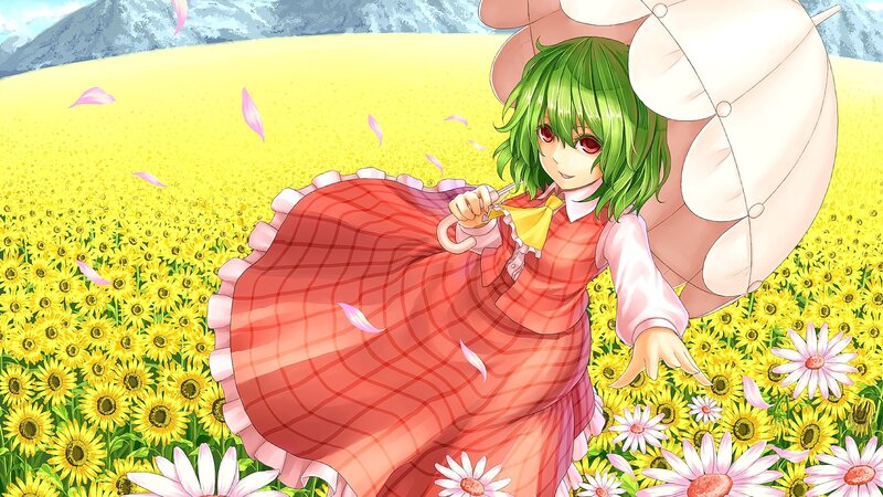 Green-haired Girl in Field — Yellow, Serene, Summer, Anime