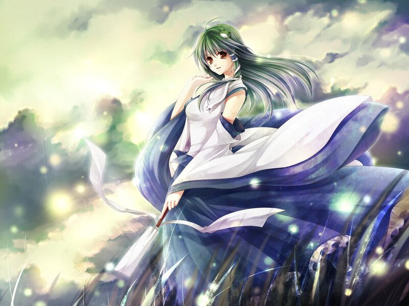 green-haired girl in flowing dress