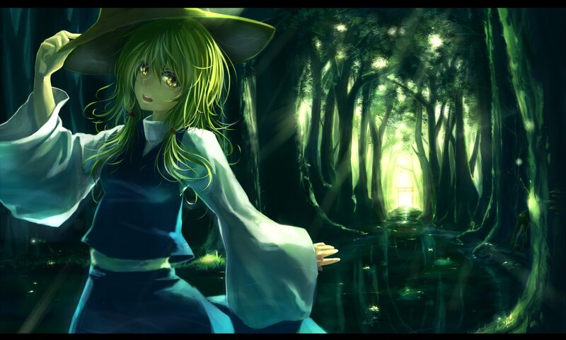 green-haired girl in forest