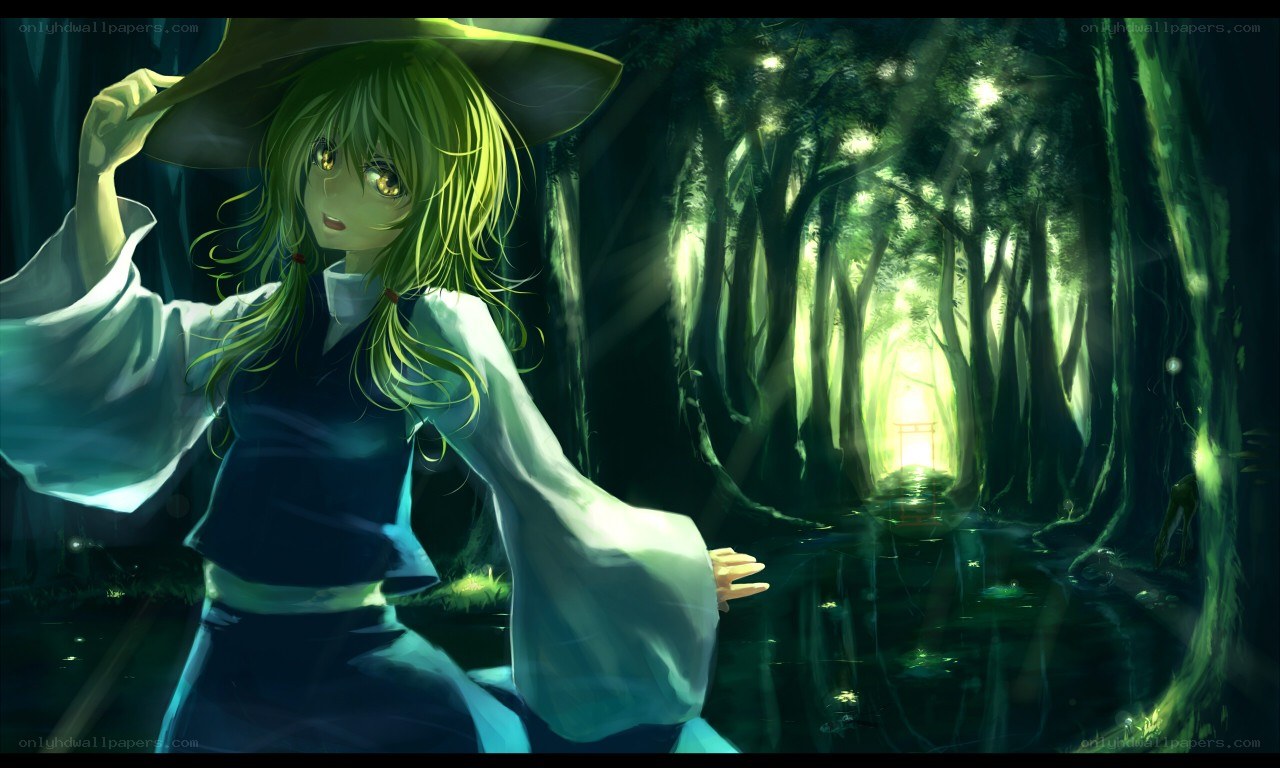 green-haired girl in forest