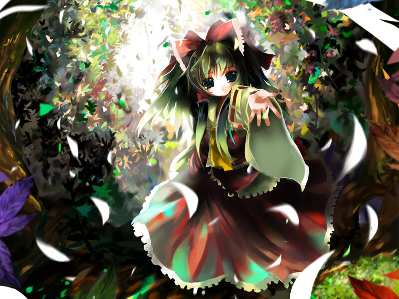 green-haired girl in forest