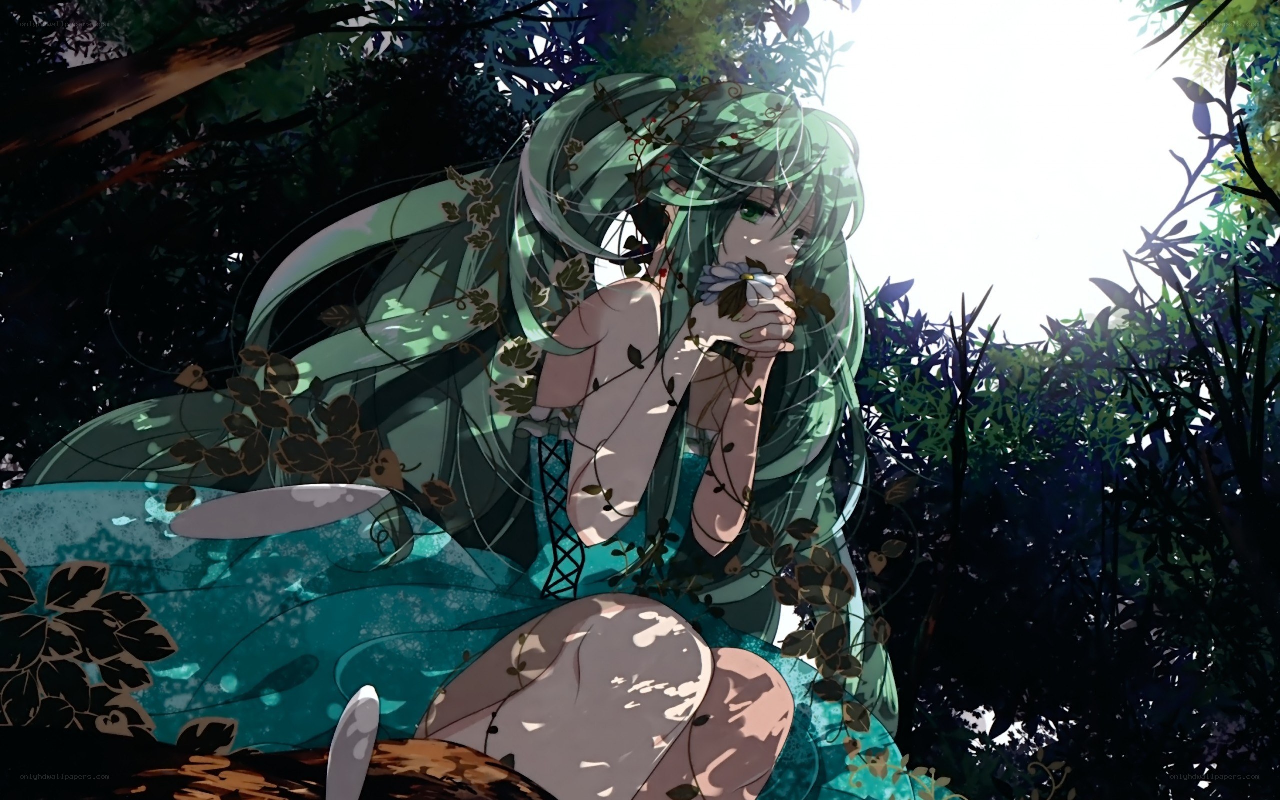 green-haired girl in forest