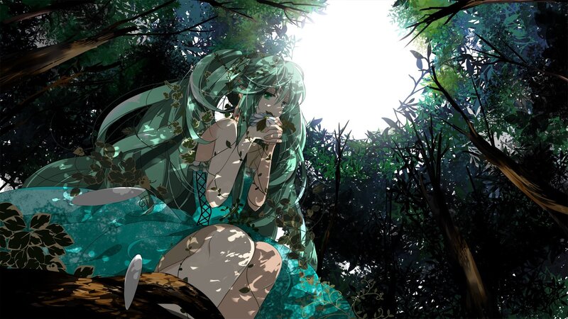 Green-haired Girl in Forest — Green, Serene, Afternoon, Anime, Sunlight