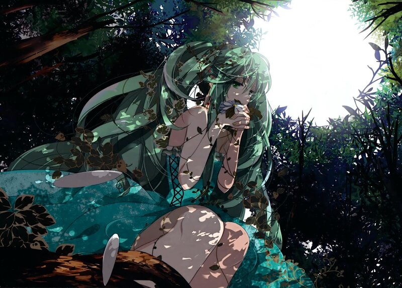 Green-haired Girl in Forest — Green, Serene, Afternoon, Anime