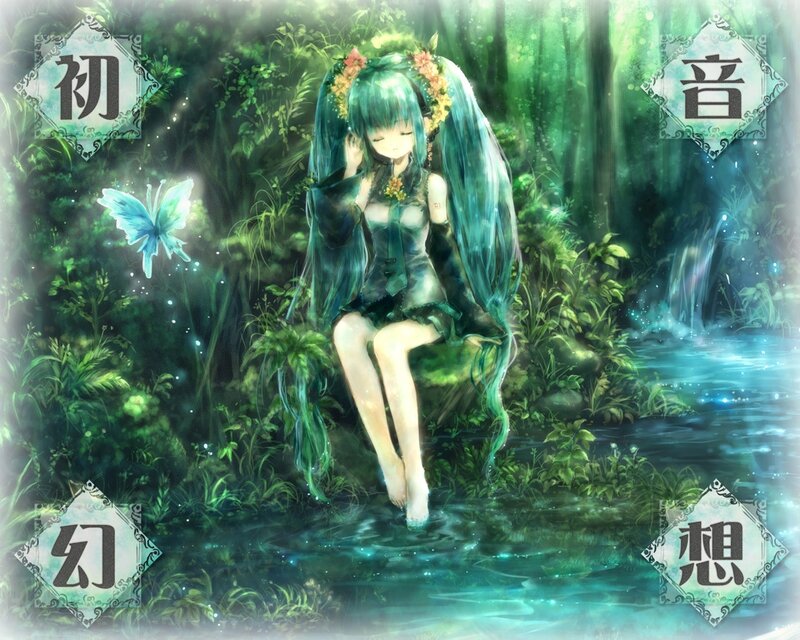 Green-haired Girl in Forest — Green, Serene, Digital Art, Butterfly