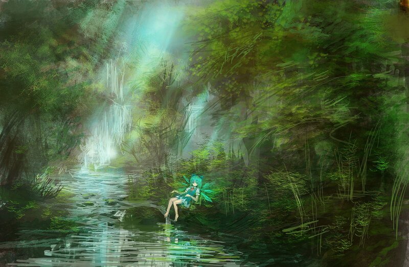Green-haired Girl in Forest — Green, Serene, Morning, Digital Art, River