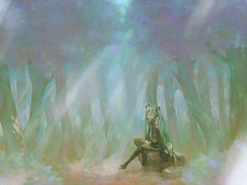 Green-haired Girl in Forest — Green, Serene, Morning, Digital Art, Tree