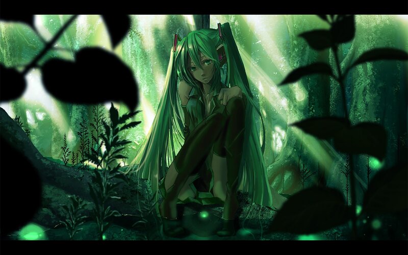 Green-haired Girl in Forest — Green, Serene, Night, Digital Art, Plants