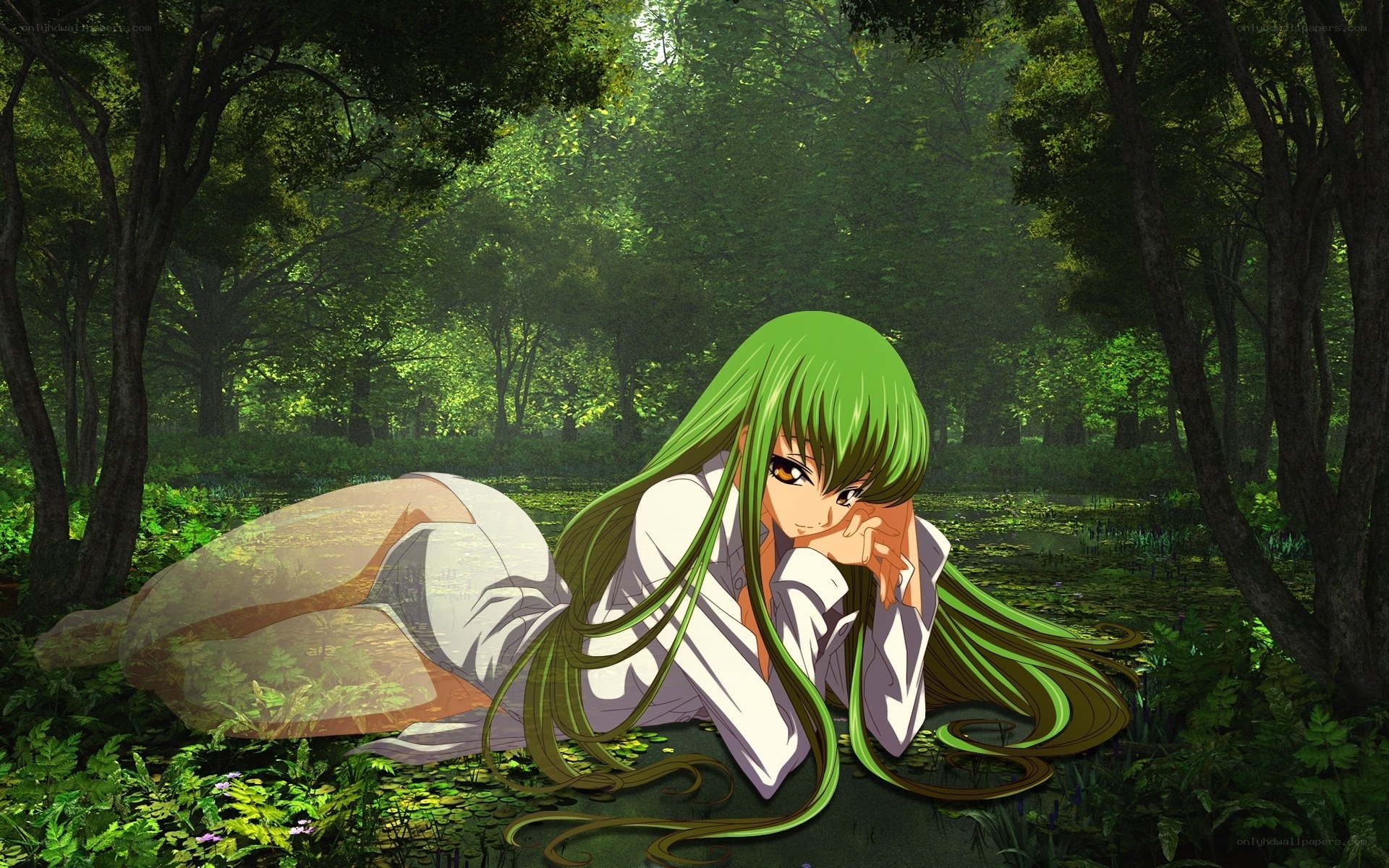 green-haired girl in forest