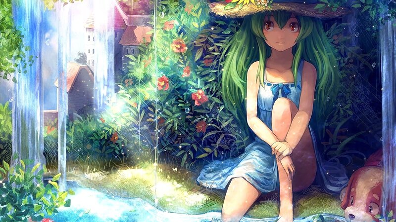 Green-haired Girl in Garden — Green, Serene, Afternoon