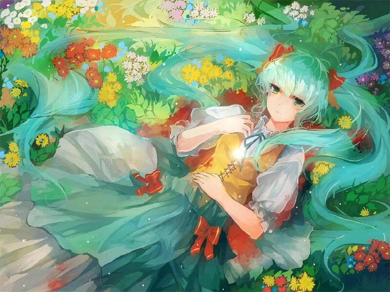 Green-haired Girl in Garden — Green