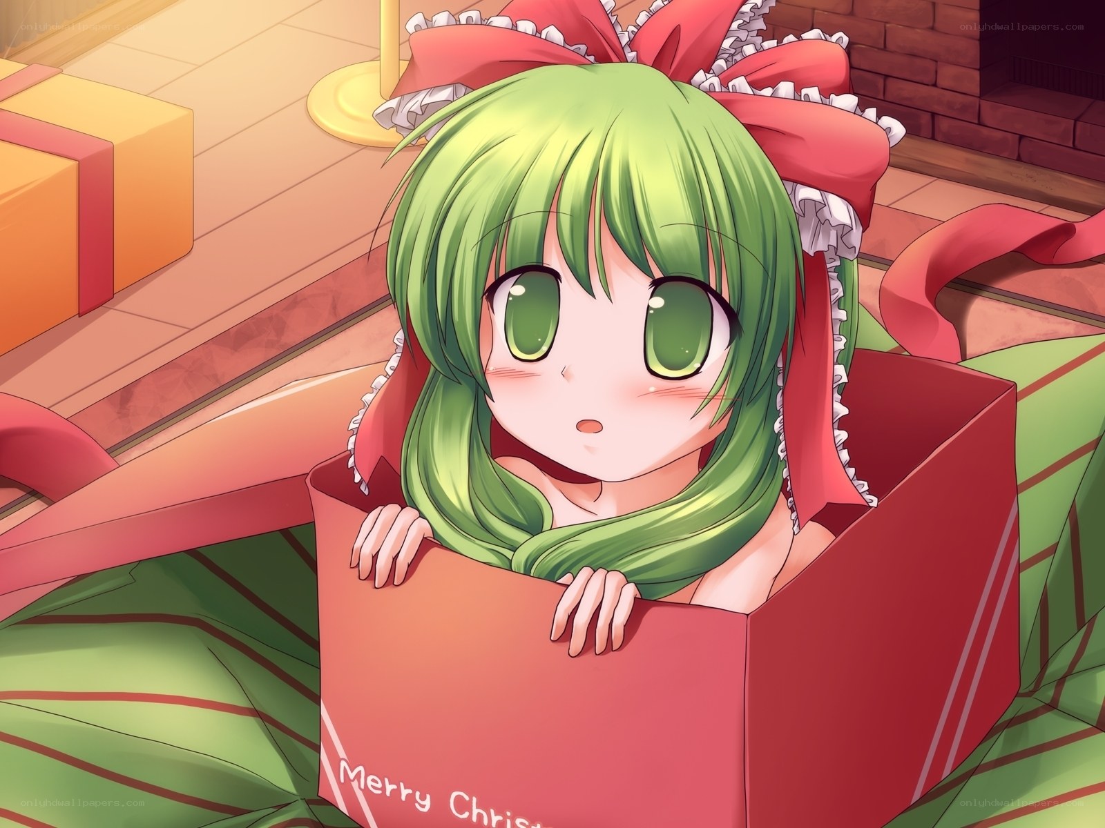 green-haired girl in gift box