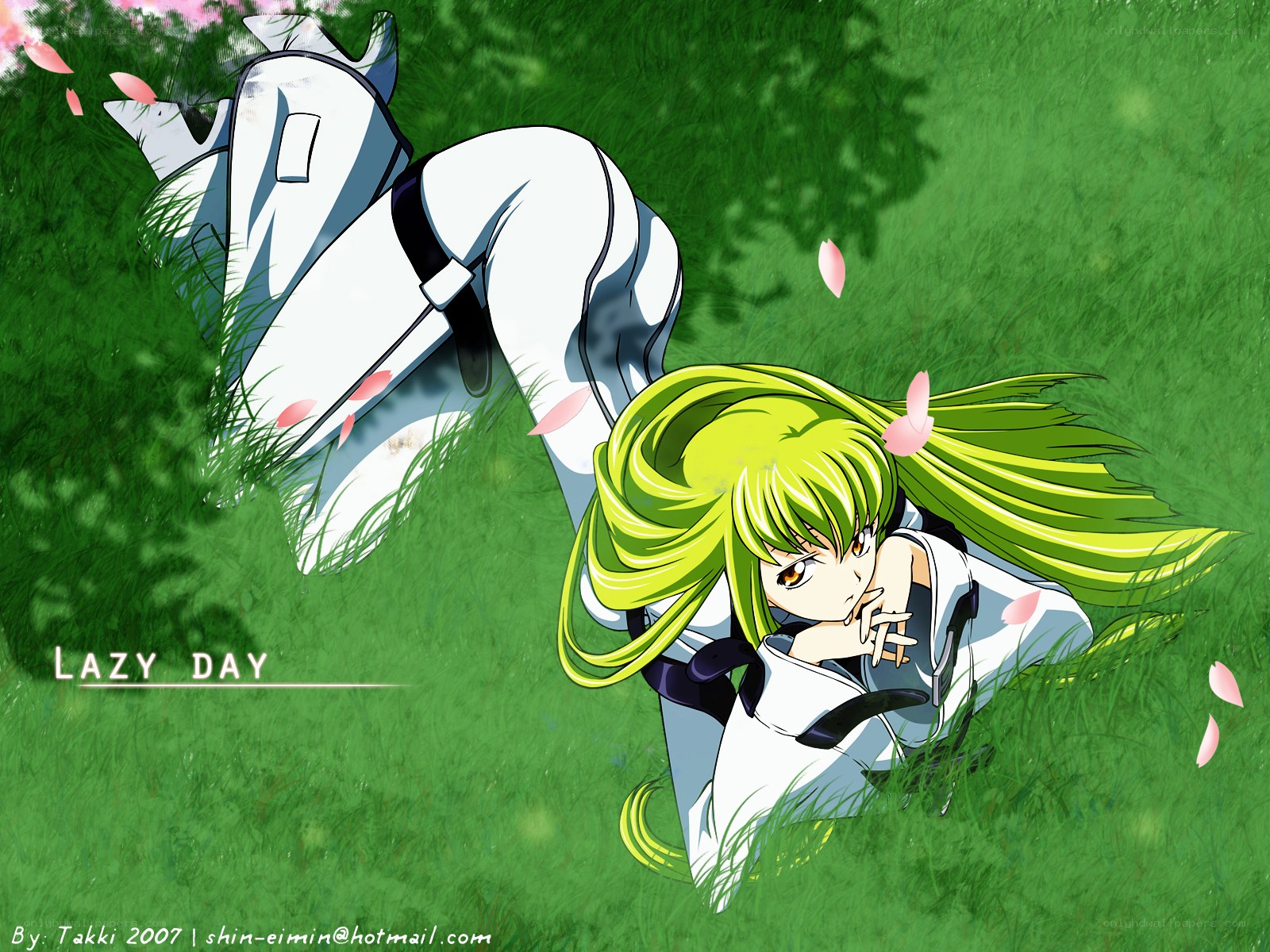 green-haired girl in grass