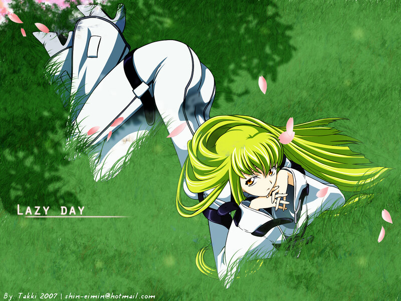 green-haired girl in grass