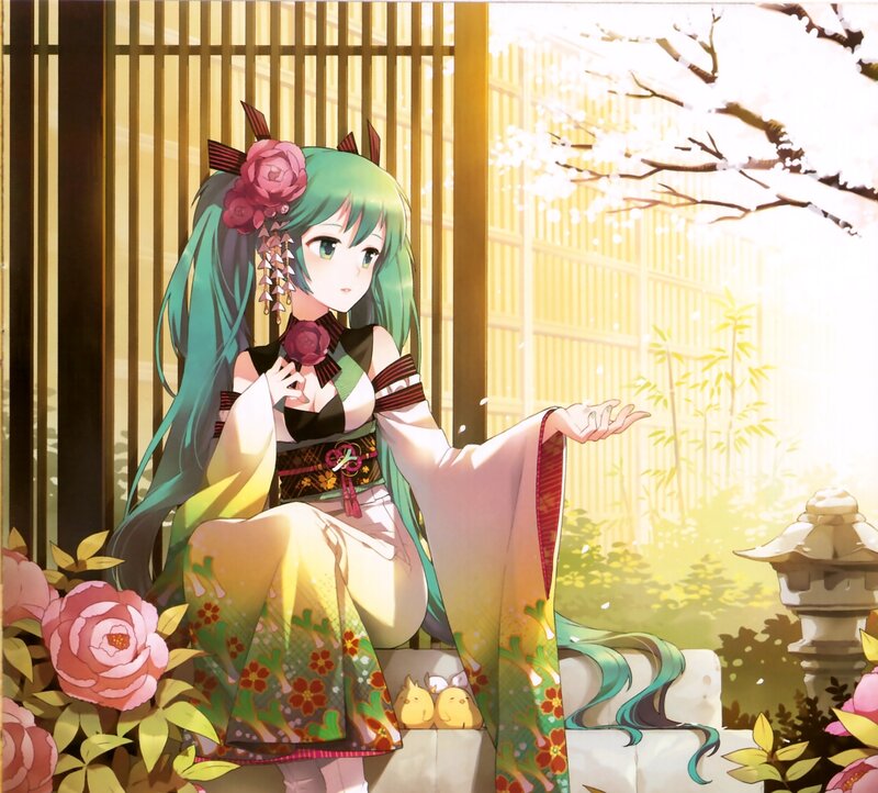 green-haired girl in kimono
