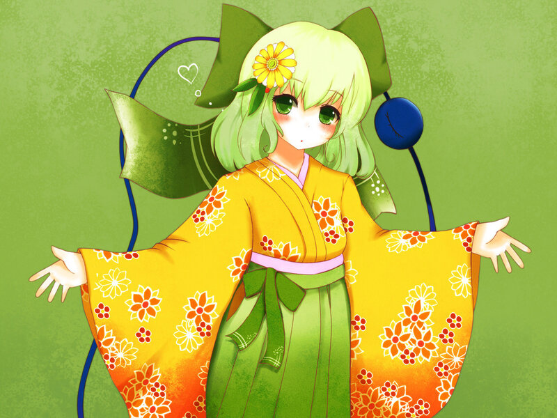 green-haired girl in kimono