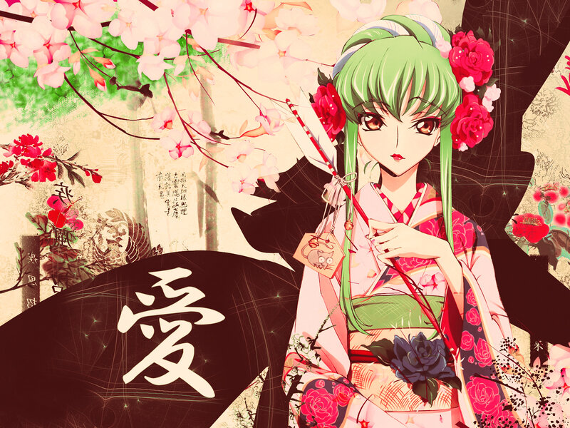 green-haired girl in kimono