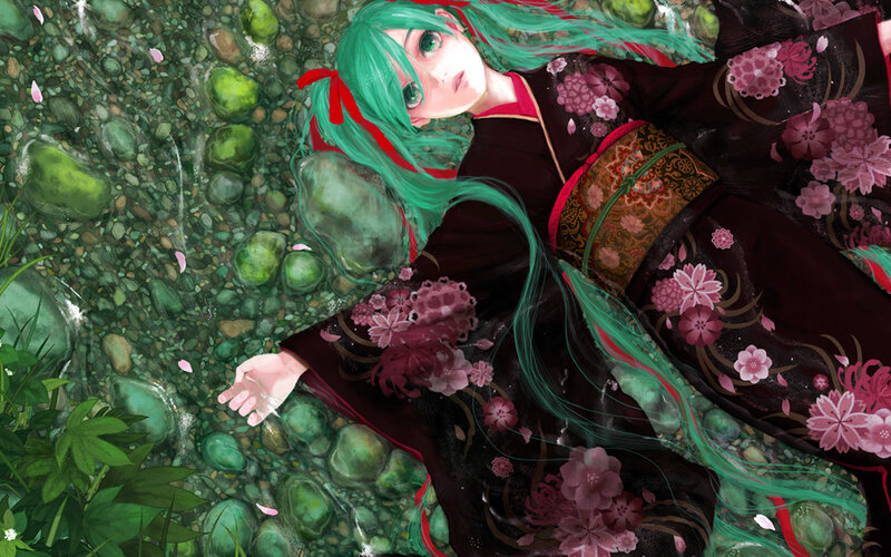 Green-haired Girl in Kimono — Black