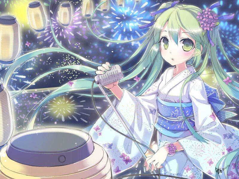 Green-haired Girl in Kimono — Blue