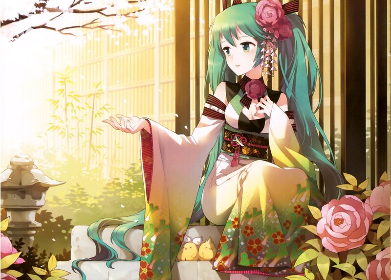 Green-haired Girl in Kimono — Green, Serene, Spring, Anime