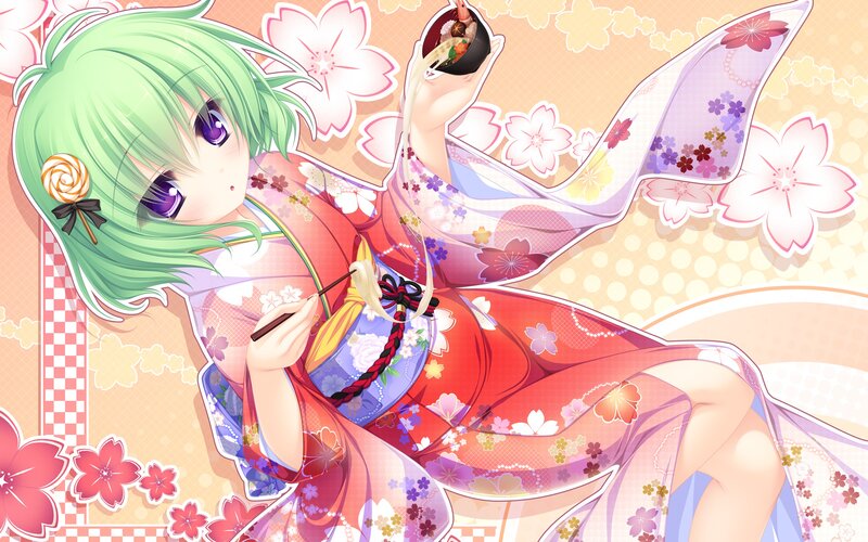 Green-haired Girl in Kimono — Pink