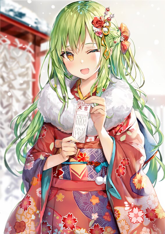 Green-haired Girl in Kimono — Red, Festive
