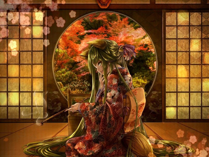 Green-haired Girl in Kimono — Red, Serene, Autumn