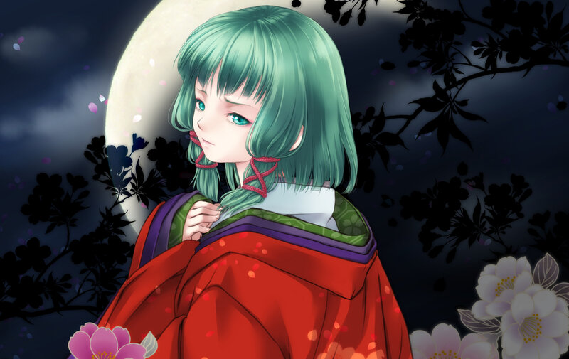 Green-haired Girl in Kimono — Red, Serene