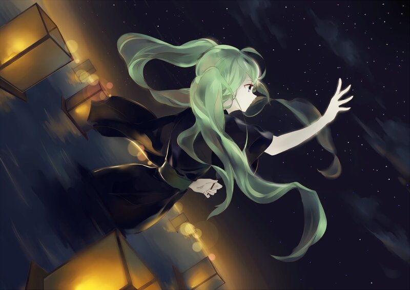 green-haired girl in night sky