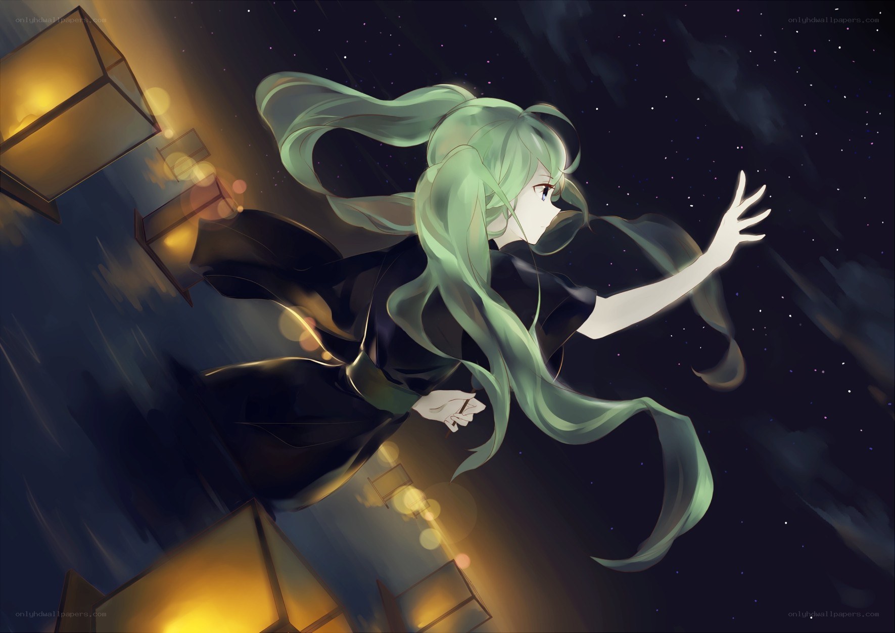 green-haired girl in night sky