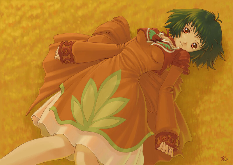 green-haired girl in orange dress