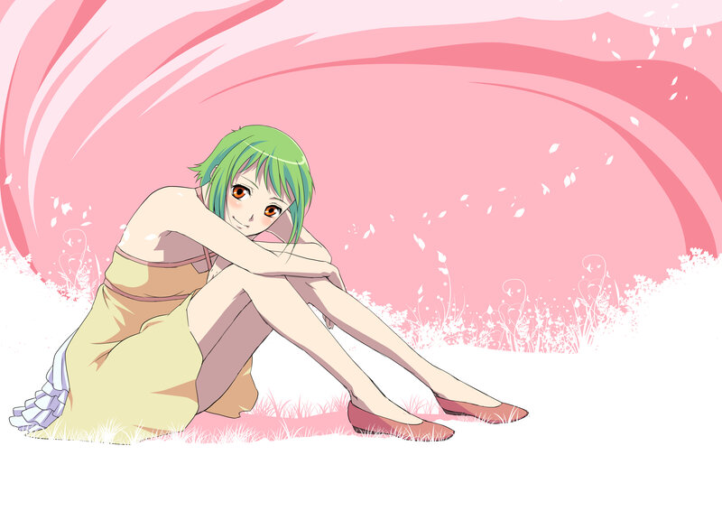 green-haired girl in pink field