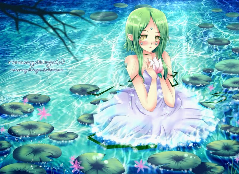 Green-haired Girl in Pond — Blue, Serene