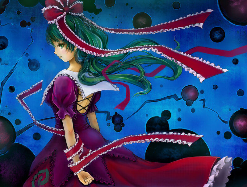green-haired girl in purple dress