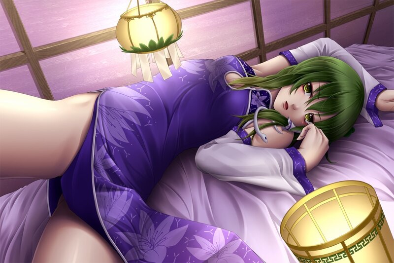 green-haired girl in purple kimono