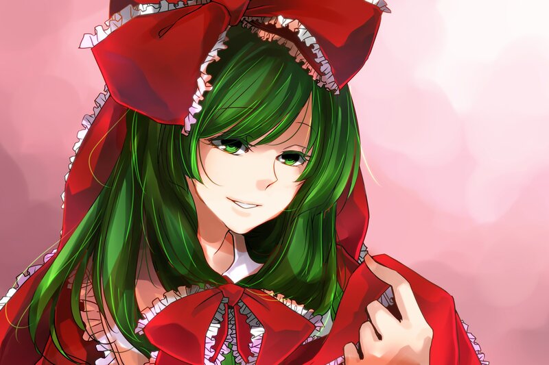 green-haired girl in red cloak