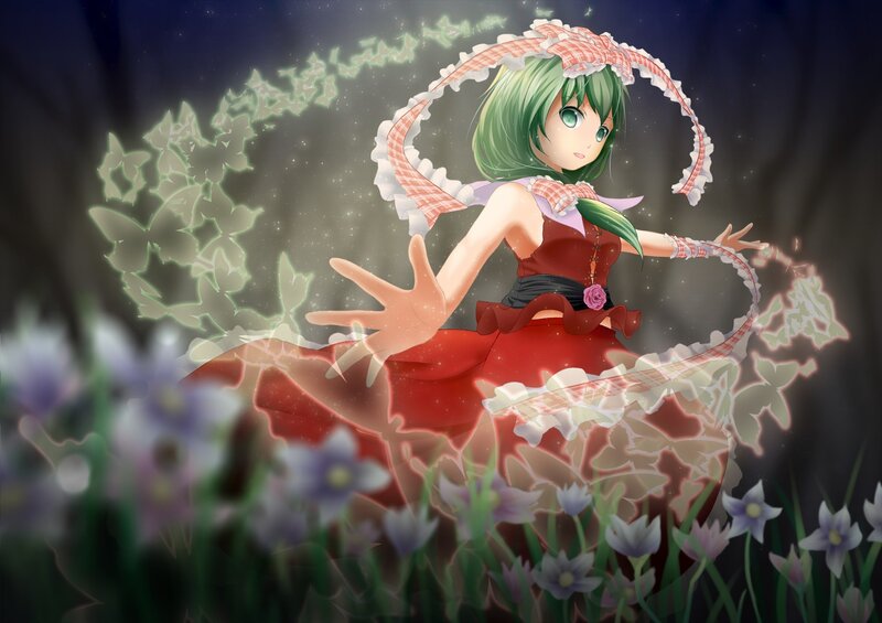 green-haired girl in red dress