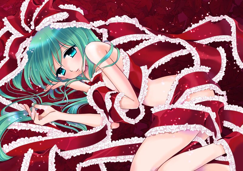 green-haired girl in red dress