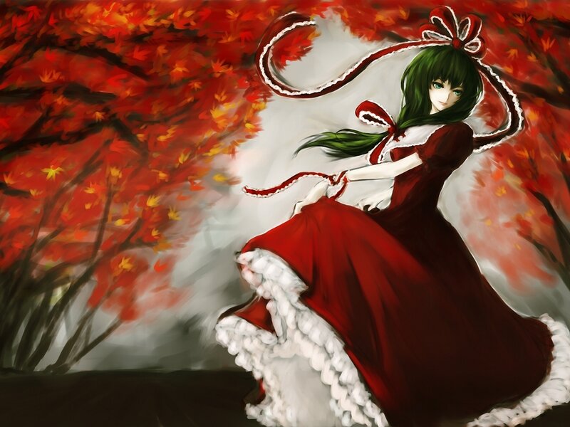 Green-haired Girl in Red Dress — Dramatic, Autumn, Anime