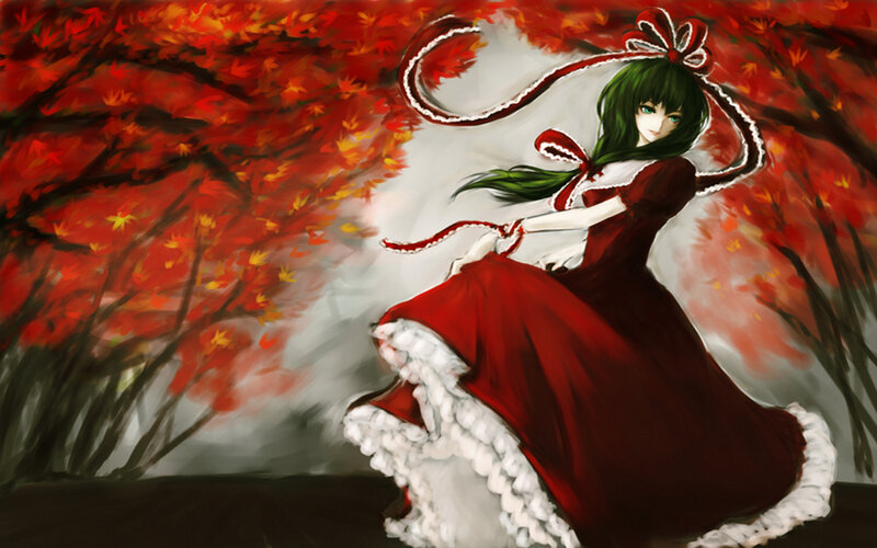Green-haired Girl in Red Dress — Dramatic, Autumn