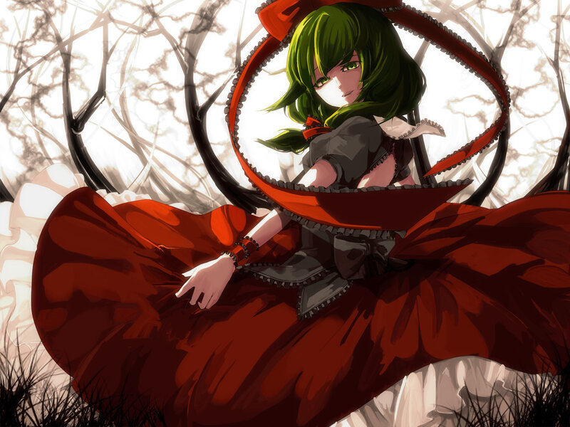Green-haired Girl in Red Dress — Dramatic, Digital Art