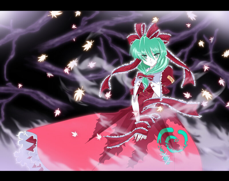 Green-haired Girl in Red Dress — Dramatic, Night, Anime, Falling Leaves