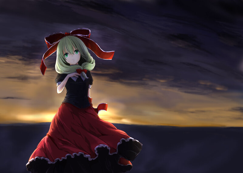 Green-haired Girl in Red Dress — Dramatic, Sunset, Anime