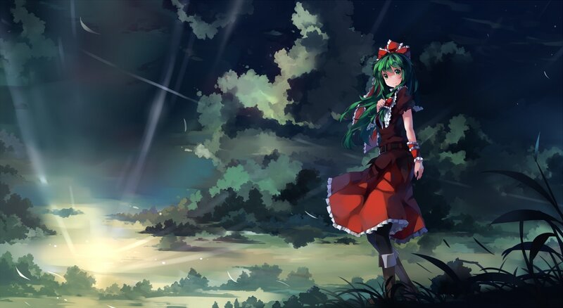 Green-haired Girl in Red Dress — Green, Dramatic, Night, Anime, Night Sky, Clouds
