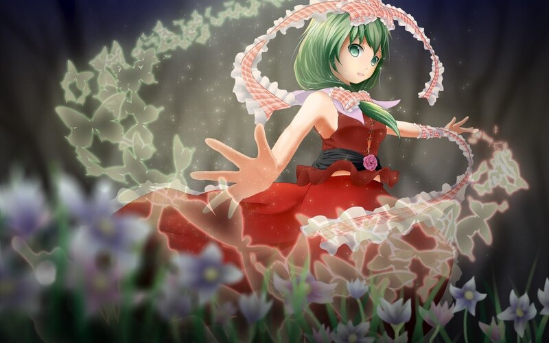 Green-haired Girl in Red Dress — Magical, Night, Anime, Butterflies, Flowers