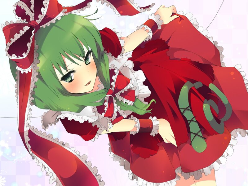 Green-haired Girl in Red Dress — Playful, Anime