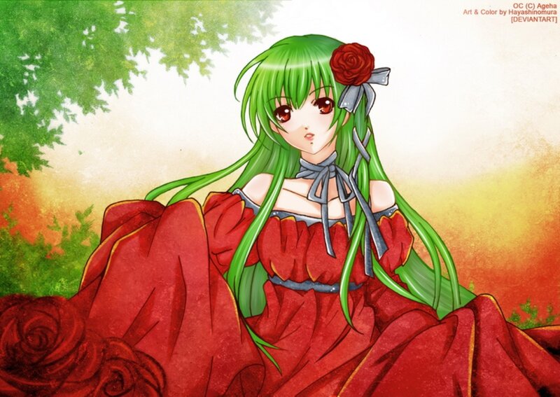 Green-haired Girl in Red Dress — Serene, Sunset