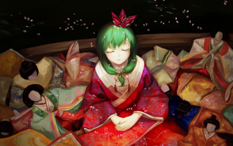 Green-haired girl in red kimono