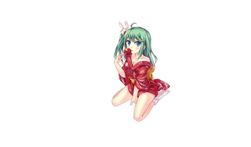 green-haired girl in red kimono