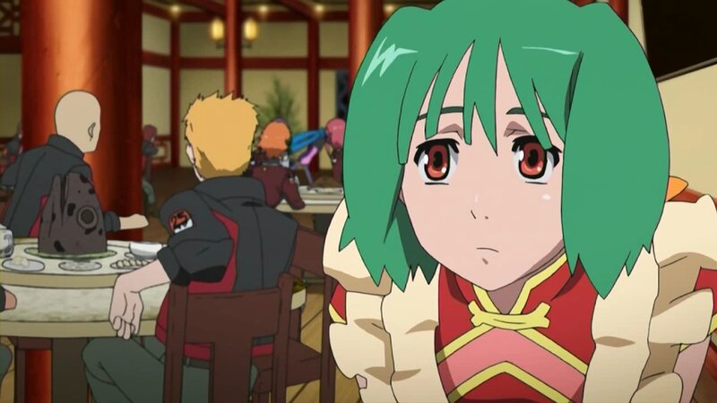 green-haired girl in restaurant